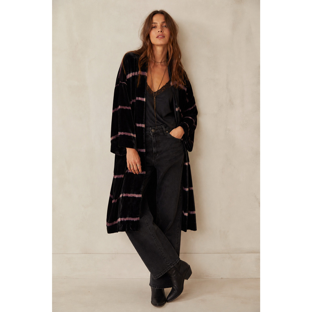 J Jill Pure Jill Velvet Kimono Cardigan Black Long Tie-Dyed Duster Size L